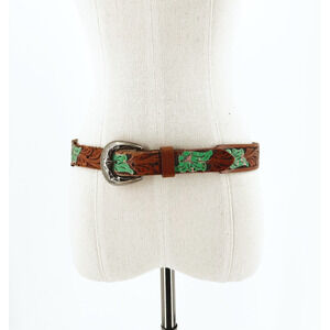 Womens Etched Leather Belt Small? 36" Boho Hippie Retro Floral Brown/Teal